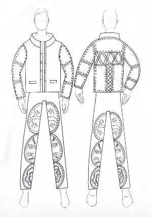 Sketch exploring print placements on garments
