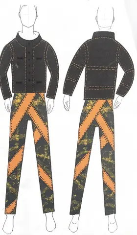 Illustrated lineup of jacket and printed trousers